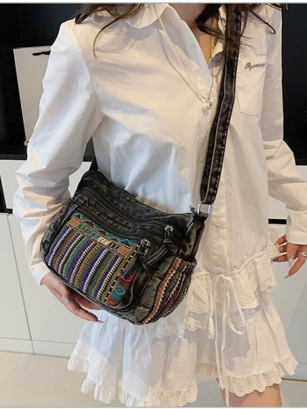 Denim Purse Crossbody Bags, Adjustable Strap with Lots of Pockets Hippie | Hobo - Picture 3 of 6